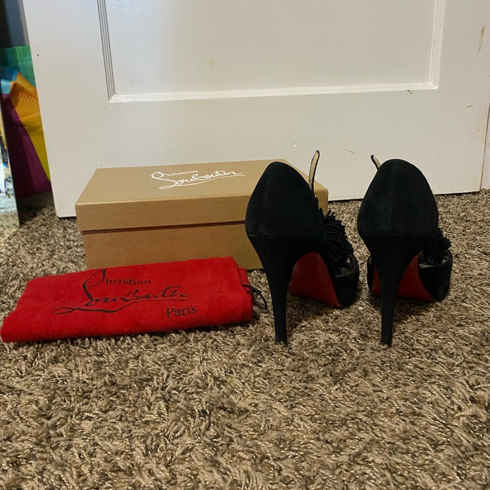 Black suede fringe front Christian Louboutin heels - Picture 6 of 7